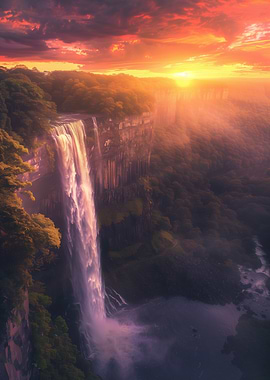 Majestic Waterfall at Sunset Glow