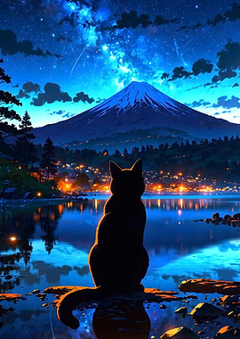 Cat Under Starry Sky