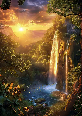 Majestic Waterfall at Sunset Glow