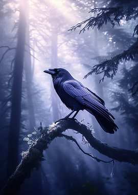 Raven Crow in Misty Forest