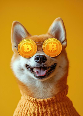 Shiba Inu in Bitcoin Sunglasses & Orange Sweater