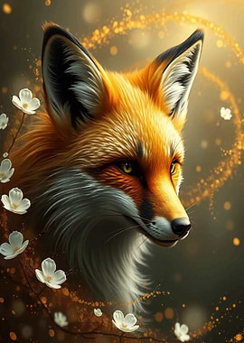 Fox Portrait with Flowers