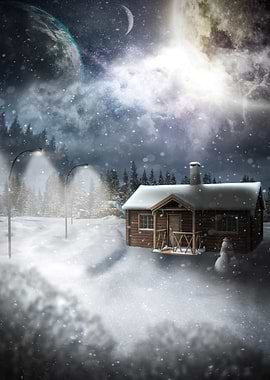 Snowy Cabin Under a Cosmic Sky