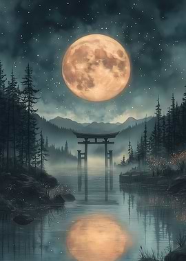 Full Moon over Torii Gate Japanese Landscape