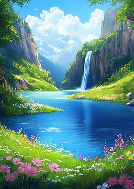 Waterfall and Mountain Lake