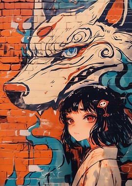 Anime Girl and Wolf Graffiti