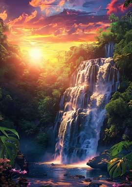 Majestic Waterfall at Sunset Glow