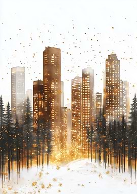 Cityscape with Golden Lights