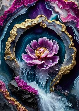 Agate Geode with Pink Flower Blooming