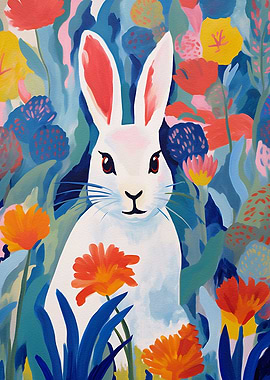 White Rabbit in Flowers, Watercolor Animal