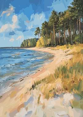 Beach with Pier and Pine Trees