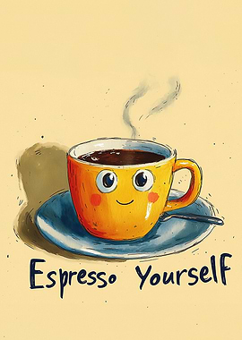 A playful, hand-drawn coffee cup with eyes and steam, captioned 'Espresso Yourself'