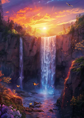 Majestic Waterfall at Sunset Glow