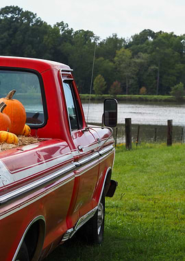Red Pickup Truck with Pumpkins