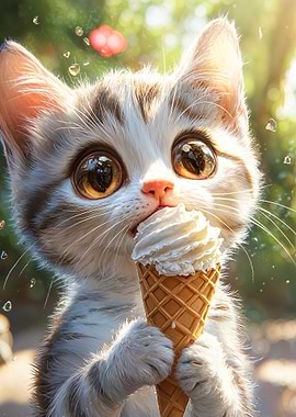 Cute Kitten Eating Ice Cream
