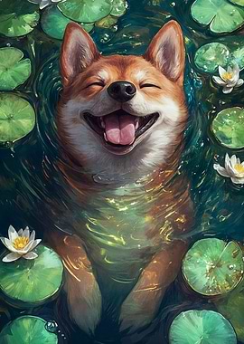 Smiling Dog in Water Lilies