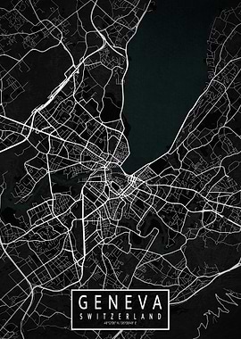 Geneva City Map Switzerland Dark