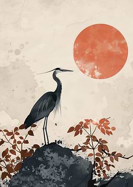 Heron and Red Sun