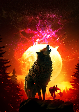 Wolf Howling at Fiery Moon