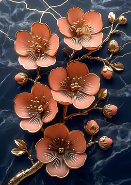 Gold & Peach Blossom Wall Art