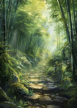 Stone Pathway Through Bamboo Forest