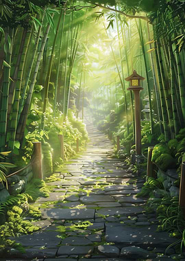 Stone Pathway Through Bamboo Forest