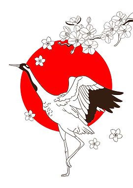 Japanese Crane with Cherry Blossoms