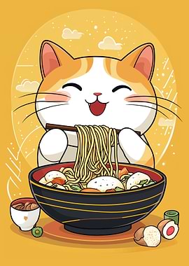 Cute Cat Eating Ramen