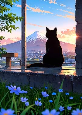 Black Cat & Mt. Fuji