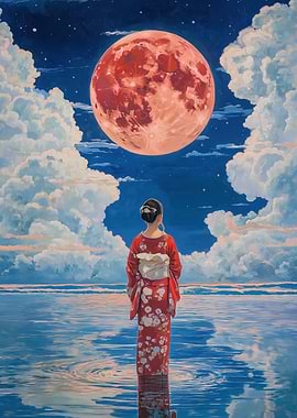 Woman in Kimono Under Red Moon
