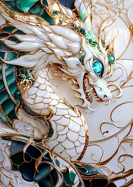 Kintsugi White Dragon with Teal Accents