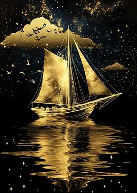 Golden Sailboat Under Stars
