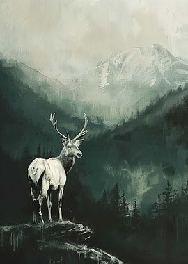White Deer in Mountain Landscape