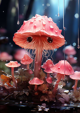 Cute Pink Mushrooms in Rain
