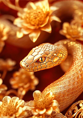 Golden Snake with Flowers
