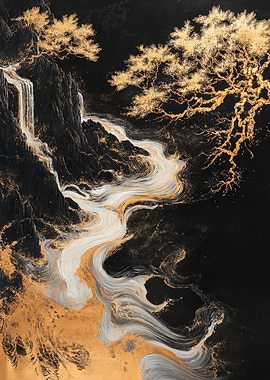 Golden Waterfall Landscape