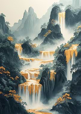 Golden Waterfall Landscape