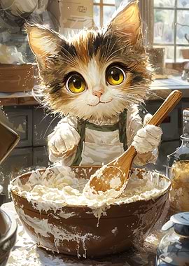 Cat Baking with Wooden Spo