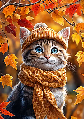 Autumn Cat in Hat and Scarf