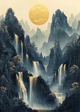 Golden Waterfall Landscape