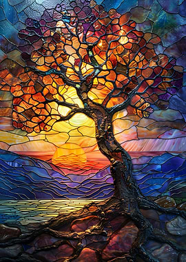 Stained Glass Tree Sunset