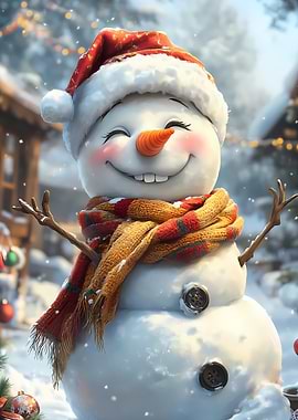 Smiling Snowman in Winter Christmas