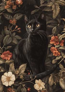 Black Cat in Flowers