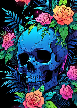 Neon Skull with Roses