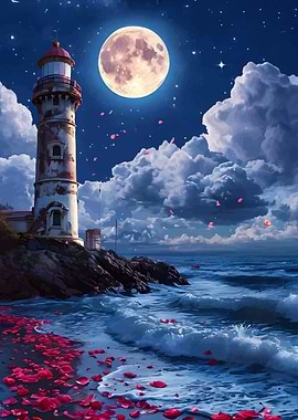 Lighthouse Under Full Moon