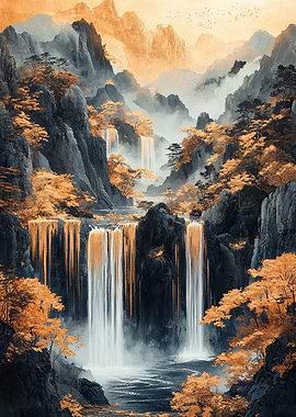 Golden Waterfall Landscape