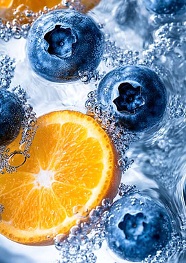 Orange and Blueberries in Water
