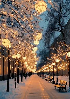 Snowy Street with Christmas Lights