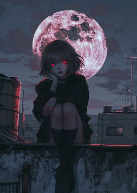 Anime Girl Under Blood Moon