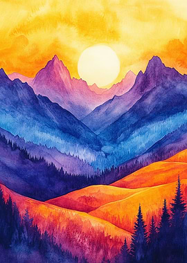 Sunset Mountain Watercolor | Vibrant Mountain Sunset Watercolor Art - Bold Nature Landscape Print for Home Decor